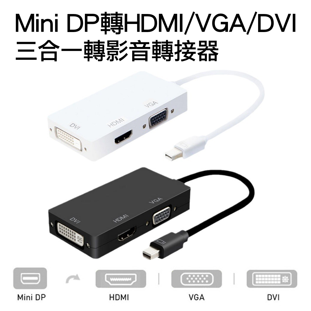 Mini DP轉HDMI/VGA/DVI影音轉接線 1080P高畫質Mini DisplayPort to 3合1訊號轉接器