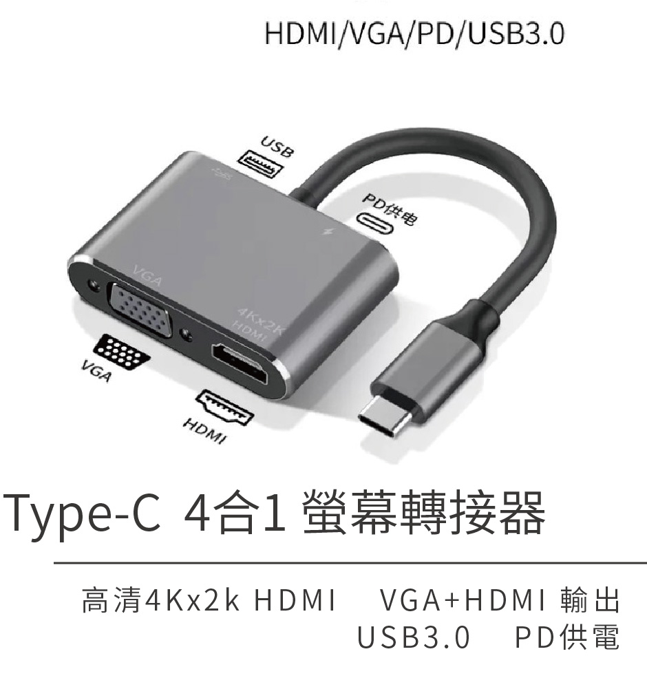 PZOZ USB Type-C to VGA+ HDMI+USB-C+USB3.0 四合一螢幕顯示轉接器