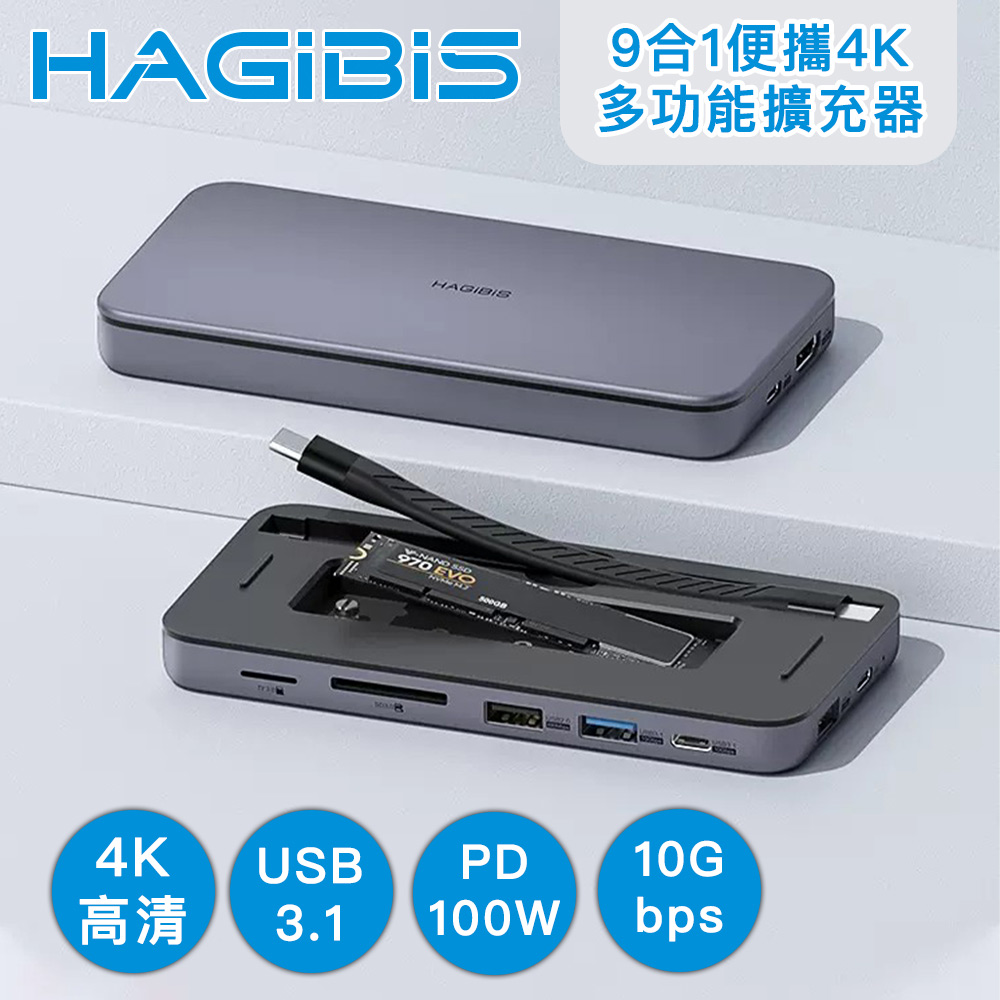HAGiBiS海備思 9合1廣泛兼容 便攜4K M.2硬碟擴充多功能擴充器