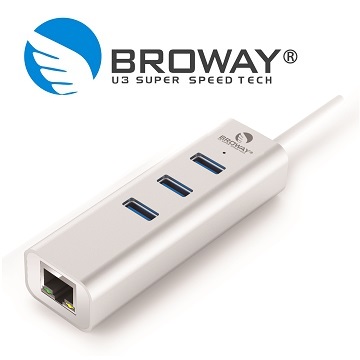 BROWAY USB 3.0 3PORT HUB集線器 + 1PORT Gigabit 網路卡 時尚銀