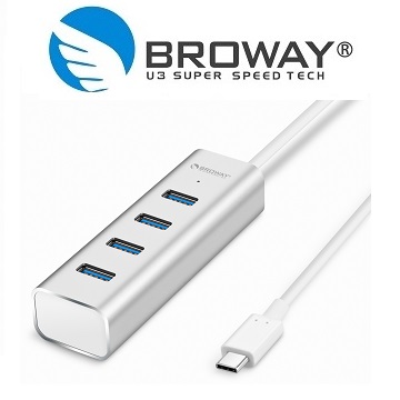 BROWAY USB 3.1 Type-C 轉 USB3.0 4埠 集線器 鋁合金 時尚銀