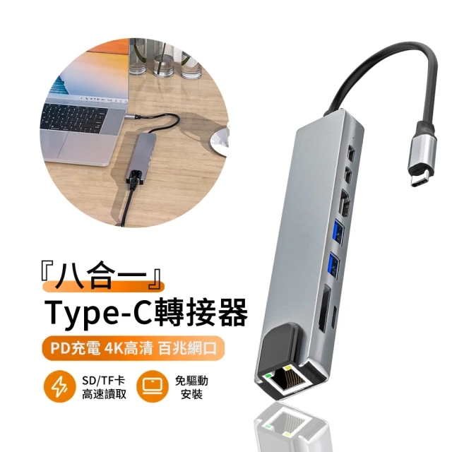 [二入組JH Type-C 八合一擴充套件塢 HUB轉接器 USB3.0集線器 HDMI轉換頭 支援PD快充 Type-C筆電外接轉換器