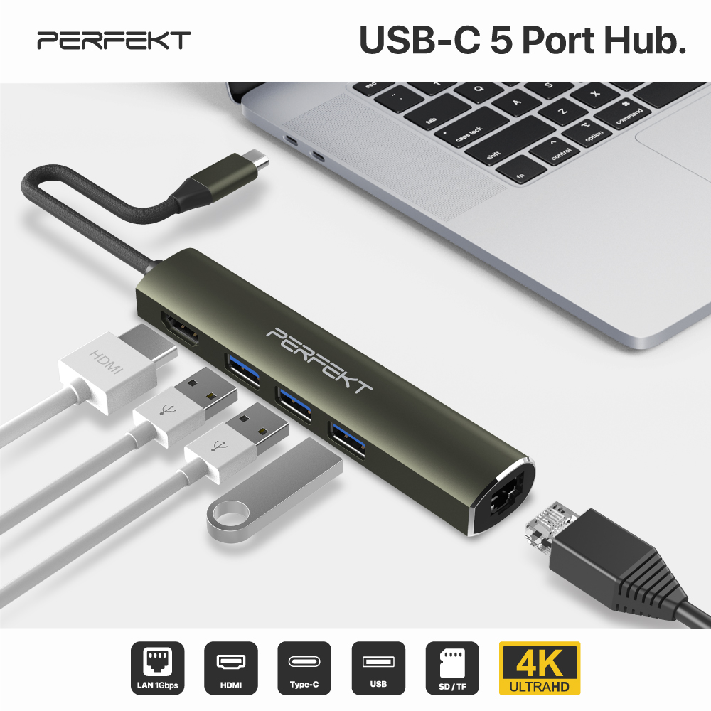 PERFEKT-USB 3.1 Type C 5孔 HUB+ HDMI/ Ethernet