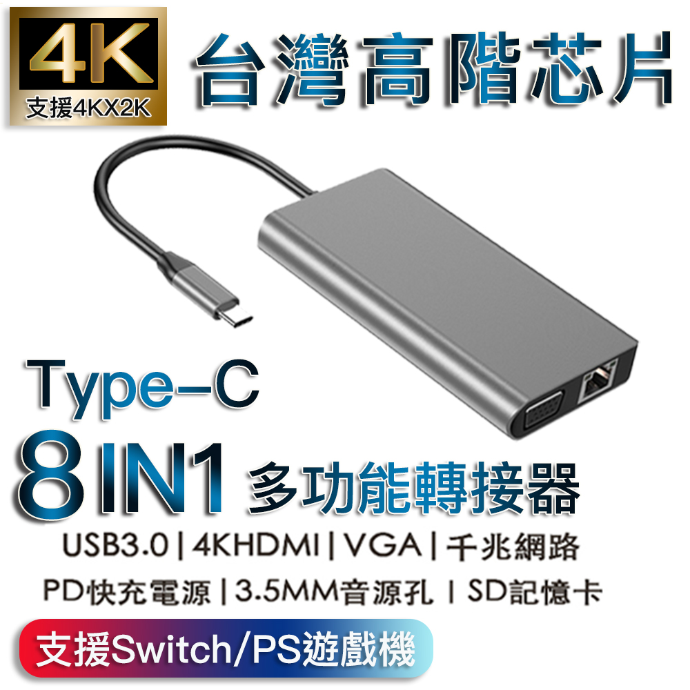 Type-c八合一HDMI/VGA/PD/SD/3.5MM音源/USB3.0/網路多功能轉接器