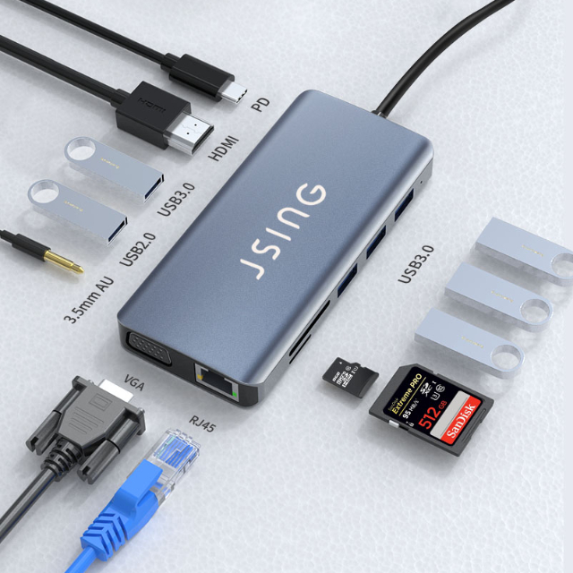 JSING UH12十二合一Type-C HUB轉接集線器(轉RJ45網路孔/HDMI埠/VGA/Micro SD/TF卡槽/耳機孔12合1)