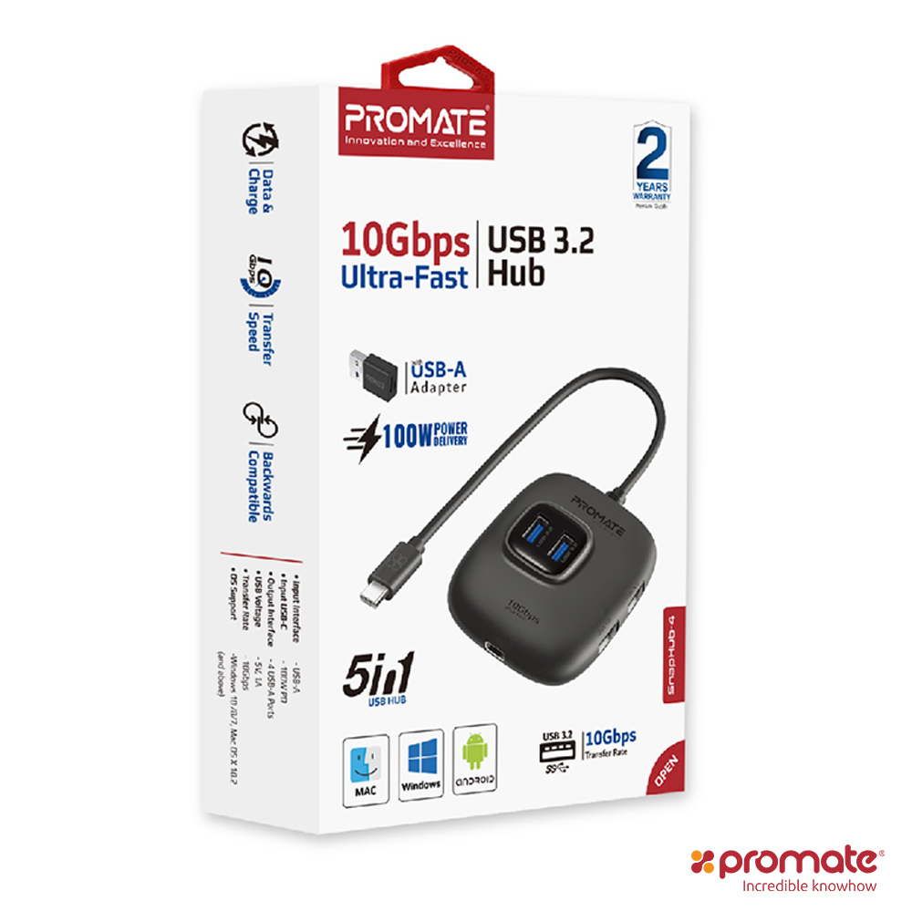 Promate 5合1 USB 3.2 (4埠) Hub 高速集線器(SnapHub-4)