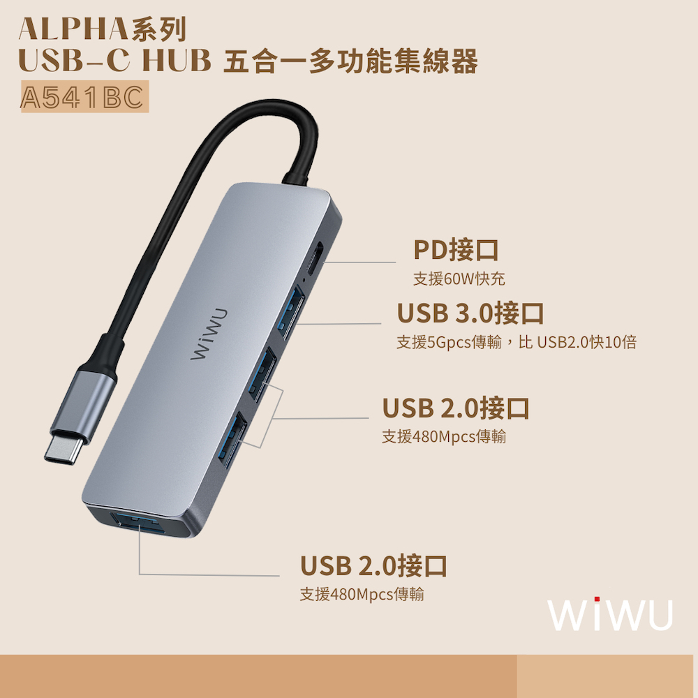 WIWU ALPHA系列 USB-C HUB 五合一多功能集線器A541BC