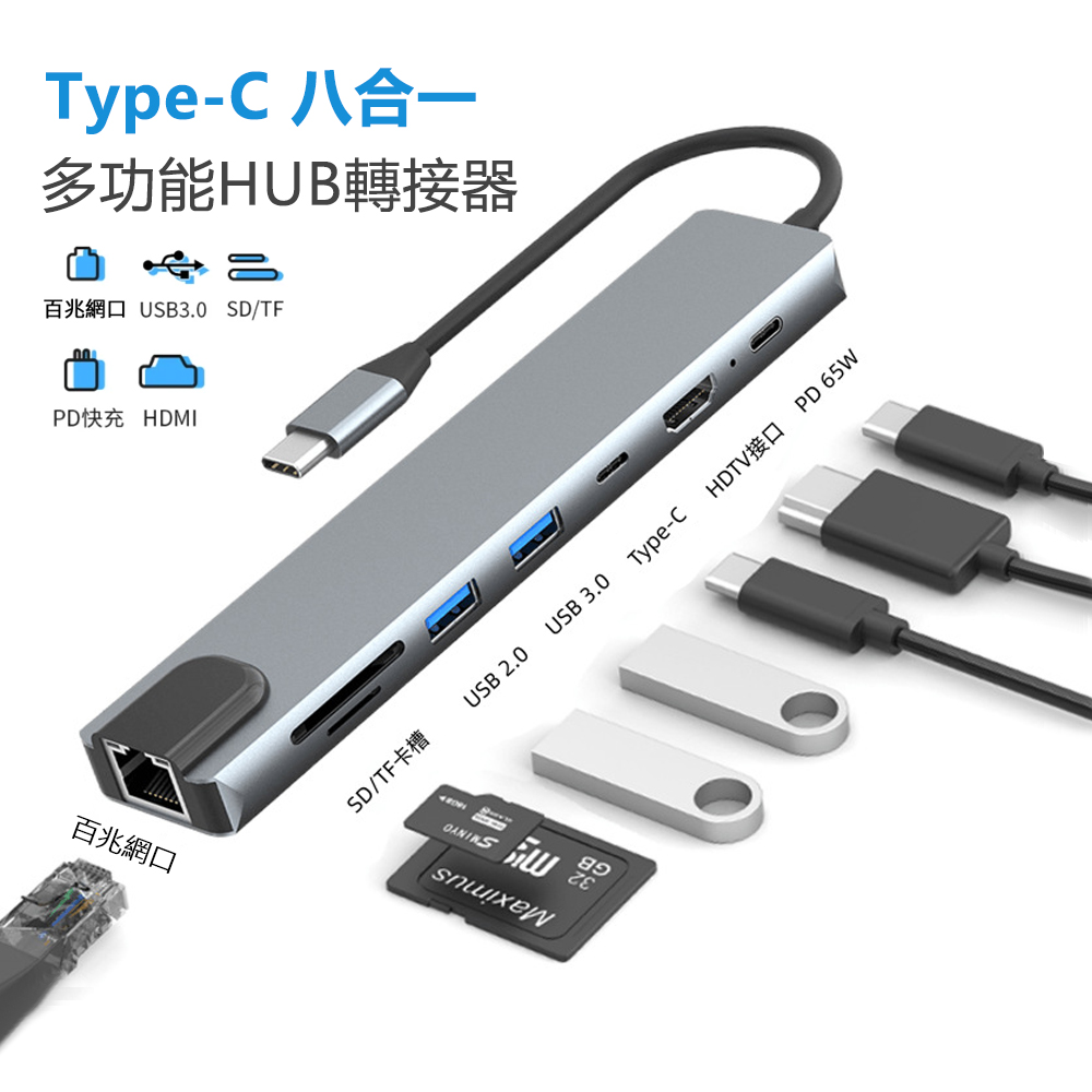 BASEE Type-C 八合一多功能HUB轉接器 充電傳輸擴充集線器 PD快充 HDMI轉接 網路轉換器 USB3.0轉接頭