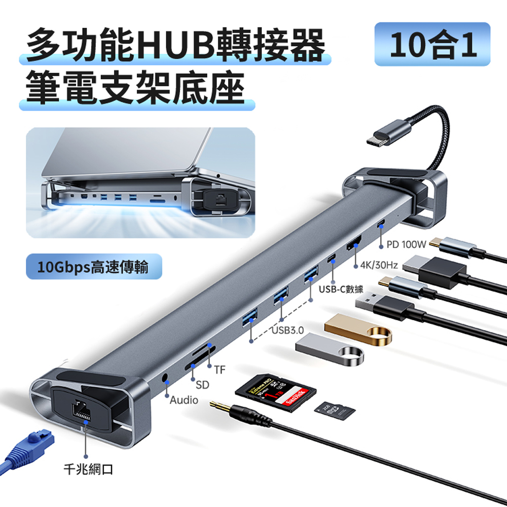 HADER Type-C 10合1 多功能HUB轉接器筆電支架底座 PD100W 百兆網口 HDMI轉接頭