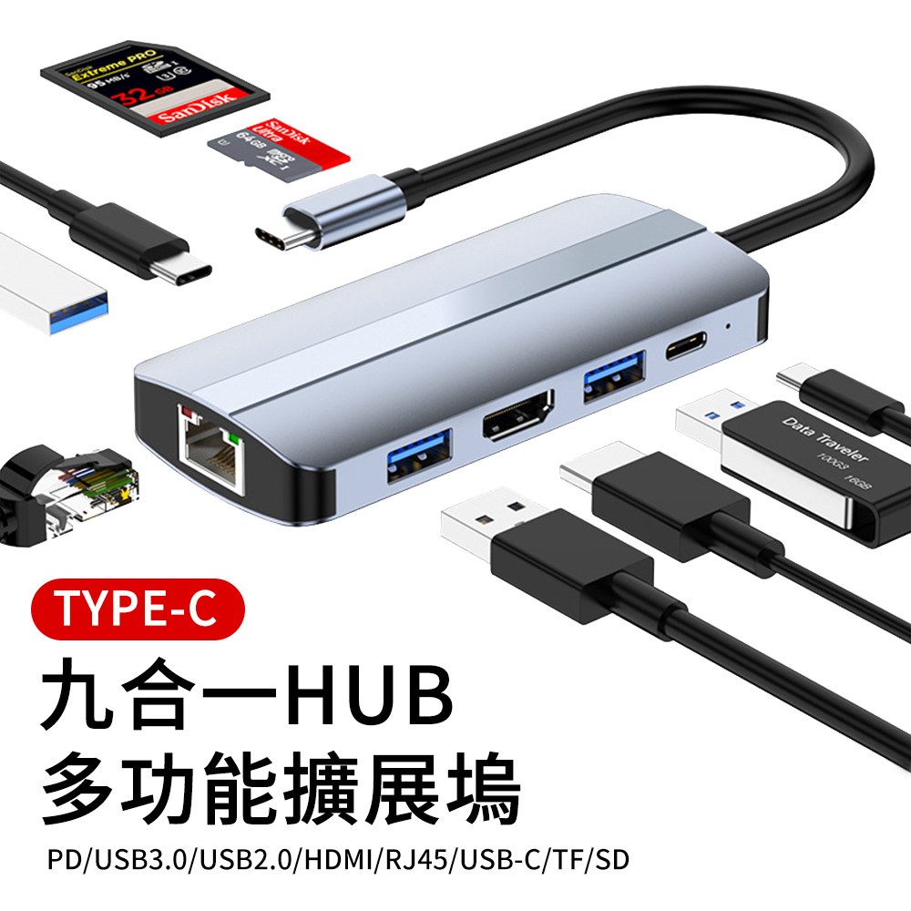 BASEE Type-C 九合一多功能PD快充HUB轉接器 HDMI集線器 RJ45網路線 mac/Surface筆電充電傳輸轉接頭