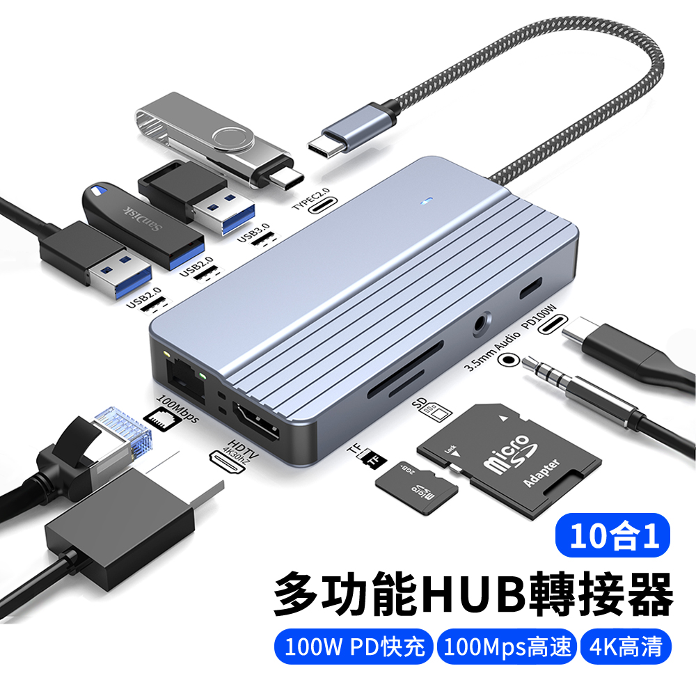 HADER 10合1 Type-C多功能HUB轉接器 PD100W 千兆網絡卡USB集線器 高畫質HDMI轉接線