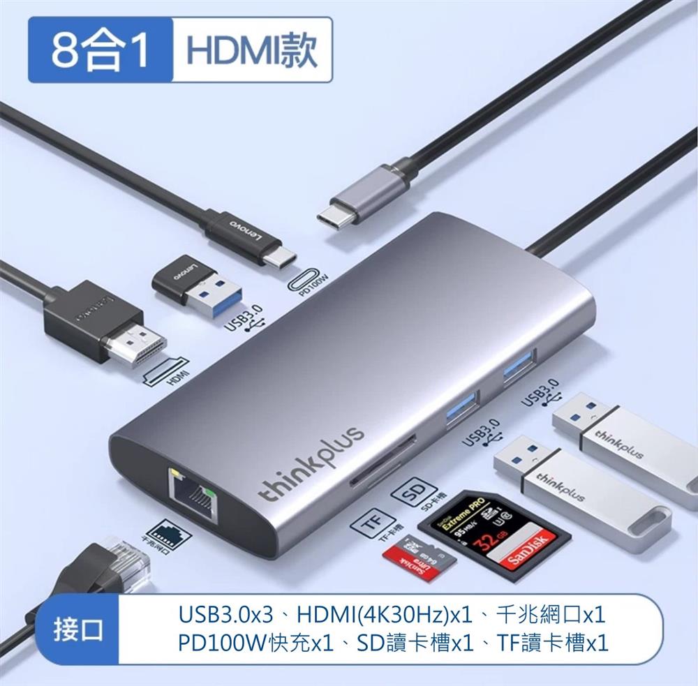 LENOVO 聯想 TYPE-C HUB 集線器 GIGA LAN HDMI USB3.0 PD100W 讀卡槽 八合一 多介面轉換器