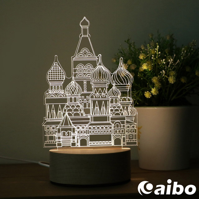 北歐風3D立體造型 LED原木底座USB小夜燈(線控開關)-古堡