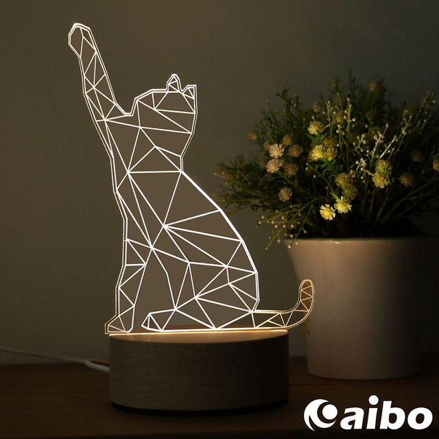 北歐風3D立體造型 LED原木底座USB小夜燈(線控開關)-貓咪
