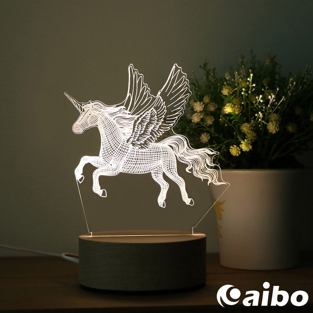 北歐風3D立體造型 LED原木底座USB小夜燈(線控開關)-獨角馬