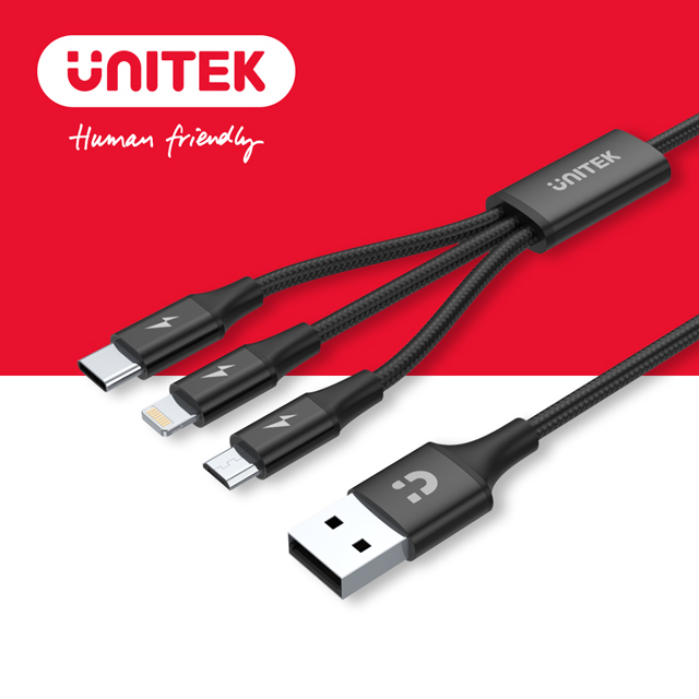 UNITEK Lightning/ Micro USB/ Type-C 鋁合金三合一編織充電線1.2M(黑色)