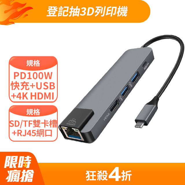 ANTIAN Type-C 五合一多功能轉接器 HUB集線器 網路轉換器 HDMI USB3.0轉接頭 mac擴充套件塢