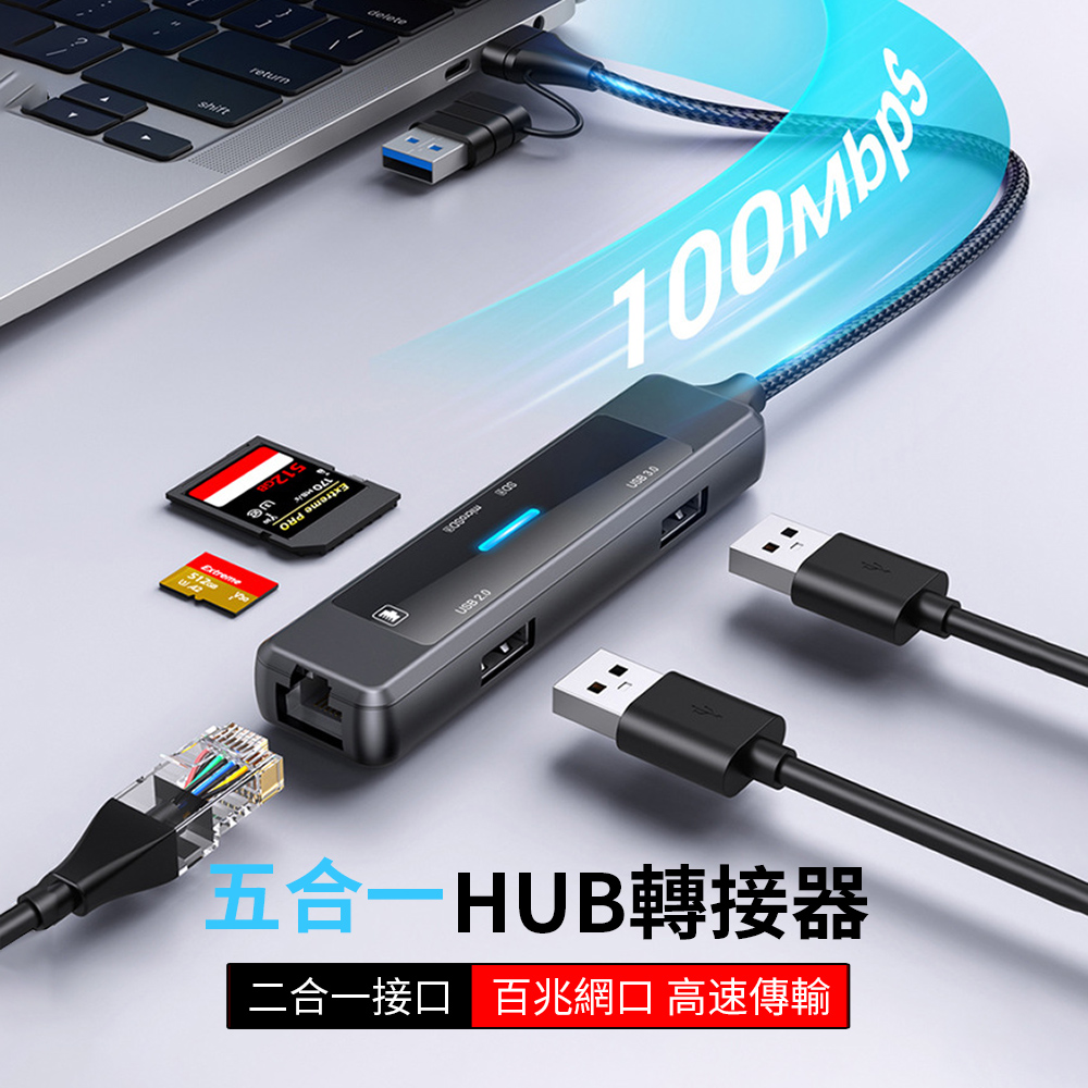 HADER 五合一 Type-C/USB 雙介面多功能HUB轉接器 USB RJ45百兆網路轉接線 Mac轉接頭