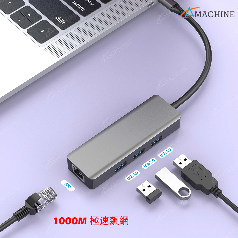 【Amachine】TYPE C 轉RJ45+USB3.0 4合1 HUB