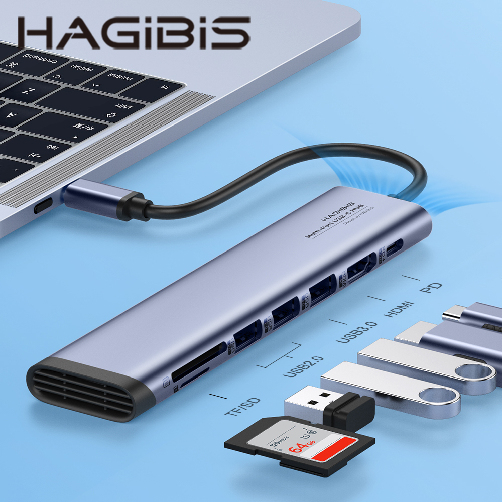 HAGiBiS鋁合金7合1擴充器：USB3.0*3+HDMI+PD供電+SD/TF卡槽(SRT04）