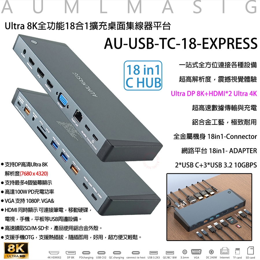 AUMLMASIG Ultra 8K全功能18合1擴充桌面集線器平臺