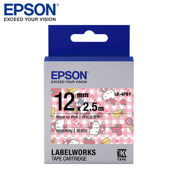 EPSON LK-4PBY C53S654450 Kitty系列蘋果款粉紅底黑字標籤帶(寬度12mm)