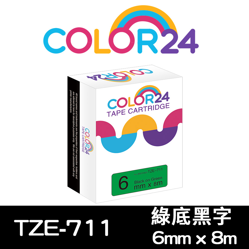 【Color24】for Brother TZ-711 / TZe-711 綠底黑字相容標籤帶(寬度6mm)