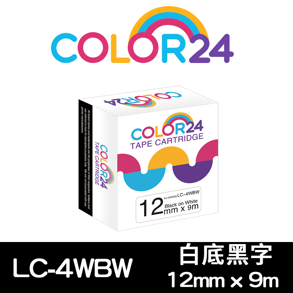 【COLOR24】for EPSON LC-4WBW / LK-4WBW 高黏性系列白底黑字相容標籤帶(寬度12mm)