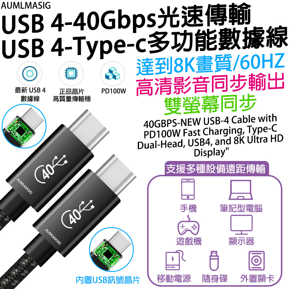 下單免運送達【AUMLMASIG全通碩】【50CM】新升級 USB 4-40Gbps閃速傳輸USBType-C多功能資料傳輸線