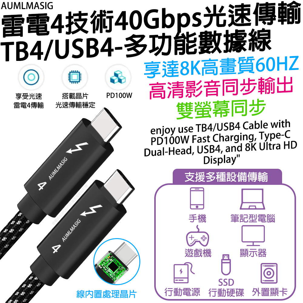 【AUMLMASIG全通碩】50CM-雷電4-40Gbps光速傳輸USB Type-c多功能數據線