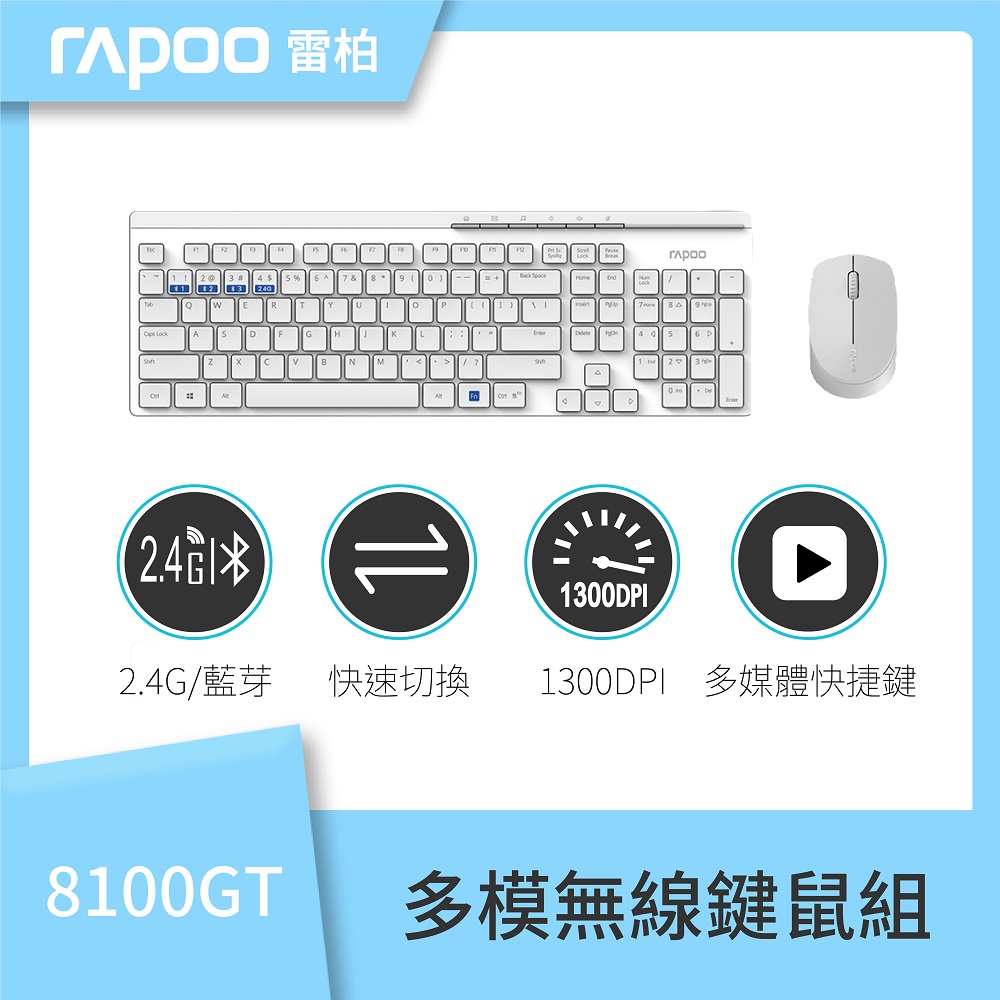 【rapoo 雷柏】 8100GT 多模式無線鍵鼠組-白