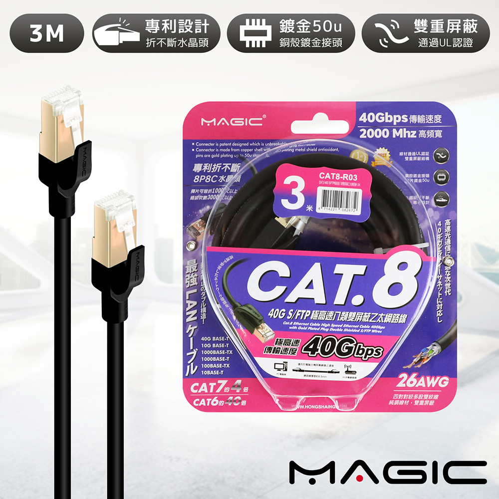 MAGIC Cat.8 40G S/FTP 26AWG極高速八類雙遮蔽乙太網路線-3米