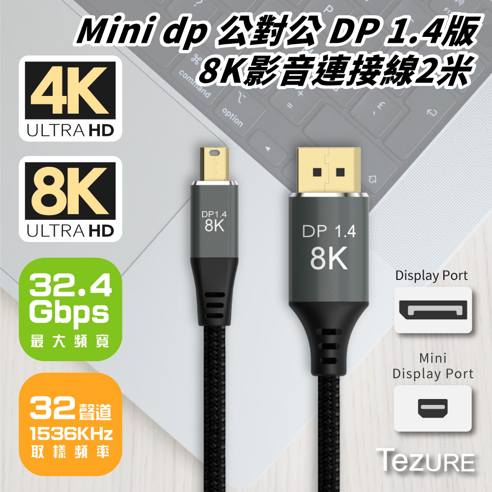 【TeZURE】Mini dp 公對公 DP 1.4版 8K影音連接線3米