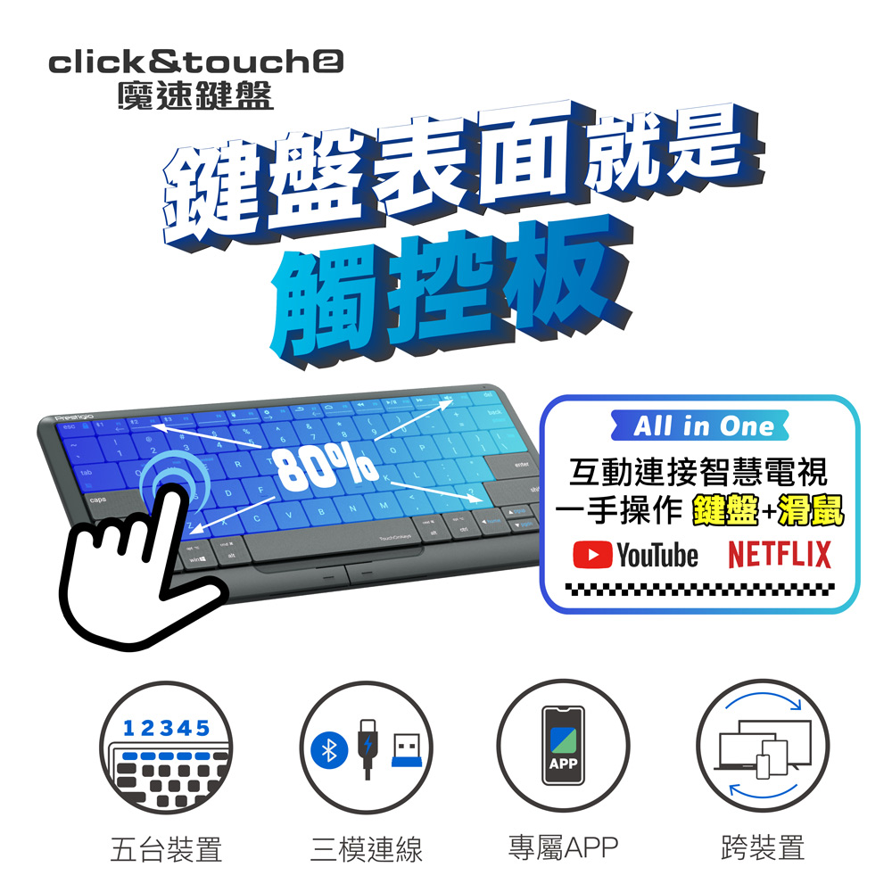 CLICK&TOUCH2 魔速鍵盤，滑鼠、觸控板、鍵盤 3合1-國際版