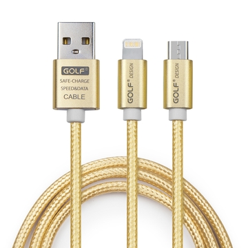 GOLF Apple 8Pin / Mirco USB 一分二 太空鋁系列網狀編織充電傳輸線(1M)-金色