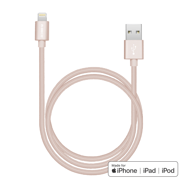 A-BECO Apple 原廠授權 鋁合金 編織 充電 傳輸線-玫瑰金 MFI Lighting cable 1.2M