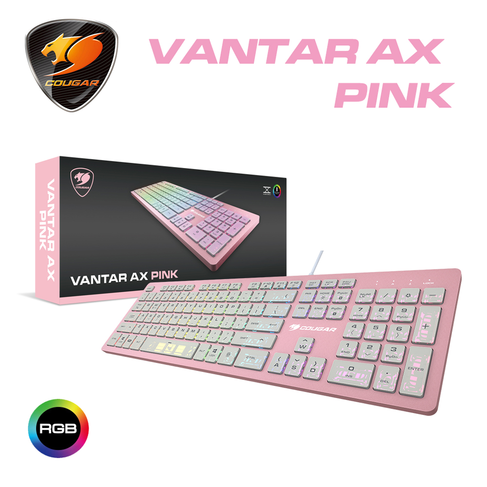 【COUGAR 美洲獅】VANTAR AX PINK 全鋁CNC剪刀腳RGB鍵盤 薄膜式電競鍵盤