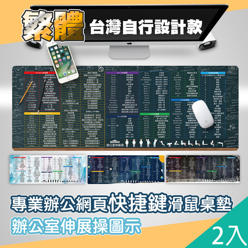 【MIT 藻土屋】高質感繁中軟體快捷鍵超大加厚滑鼠桌墊 2入