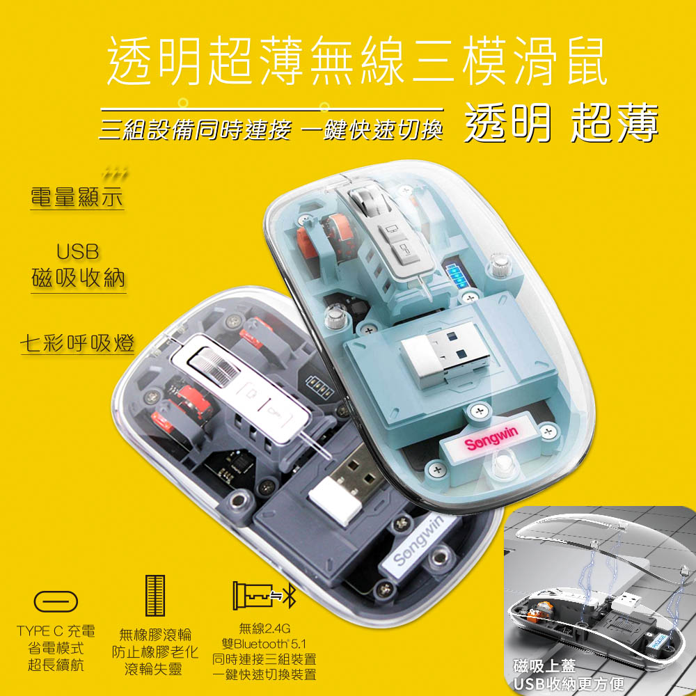 Songwin 透明超薄磁吸無線三模滑鼠(靜音設計、TYPE C 充電)