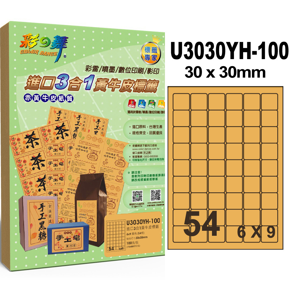 彩之舞進口3合1黃牛皮標籤 100張/組 54格圓角 U3030YH-100