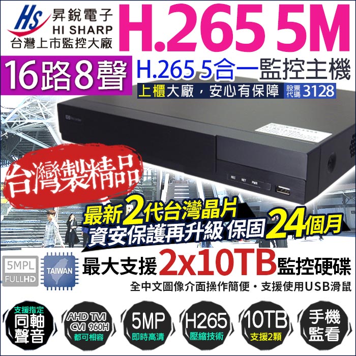 16路監視主機 昇銳電子 500萬 H.265 台灣晶片