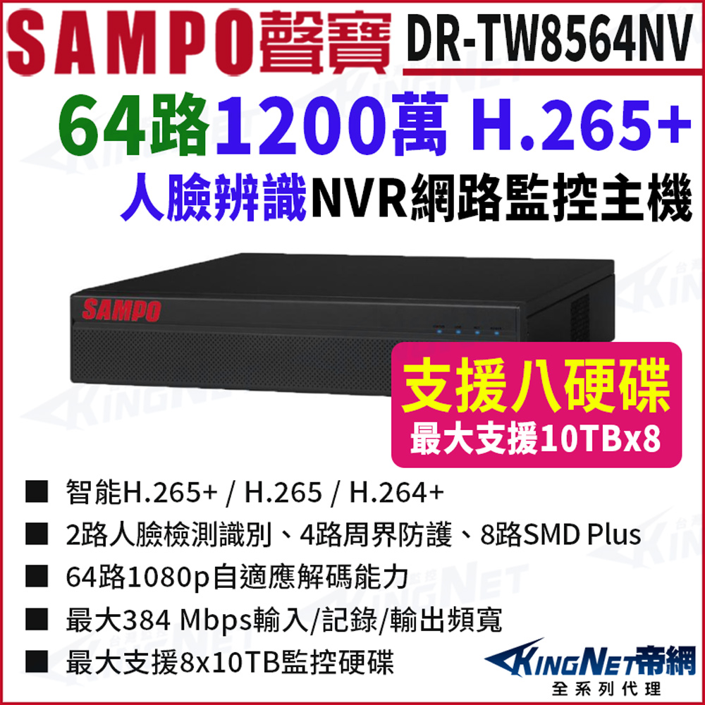 KingNet 帝網 SAMPO聲寶 DR-TW8564NV 64路 1200萬 POE 4K NVR 8硬碟 網路NVR監控主機