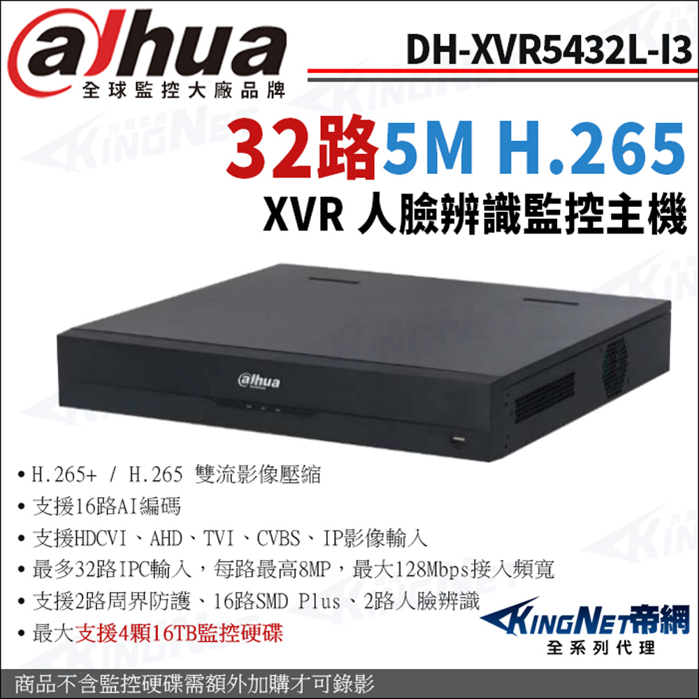 帝網監視器 DH-XVR5432L-I3 32路主機 500萬 1080P 人臉辨識 XVR 4硬碟 監控主機
