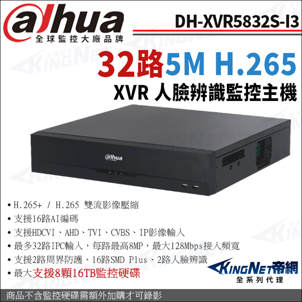 帝網監視器DH-XVR5832S-I3 32路主機 500萬 1080P 人臉辨識 XVR 支援8硬碟 錄影主機