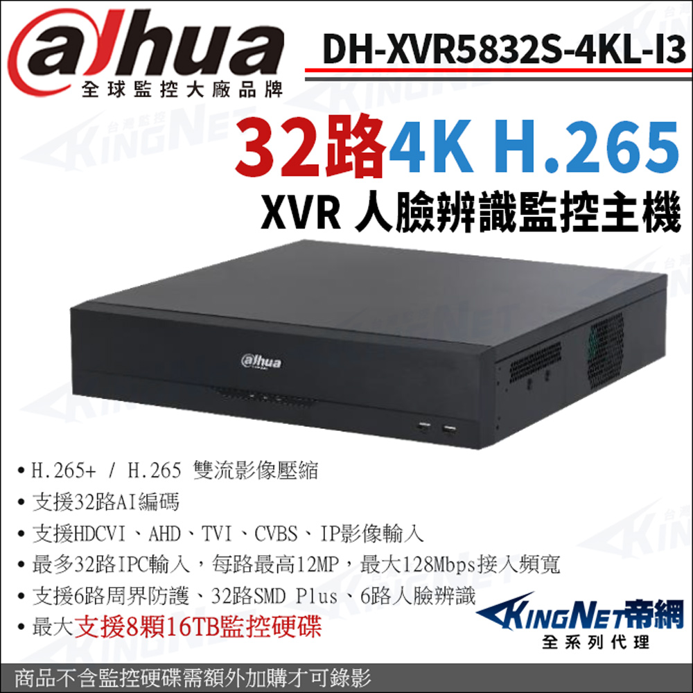 帝網監視器 大華 DH-XVR5832S-4KL-I3 32路主機 4K-N/5MP XVR 8硬碟 監控主機