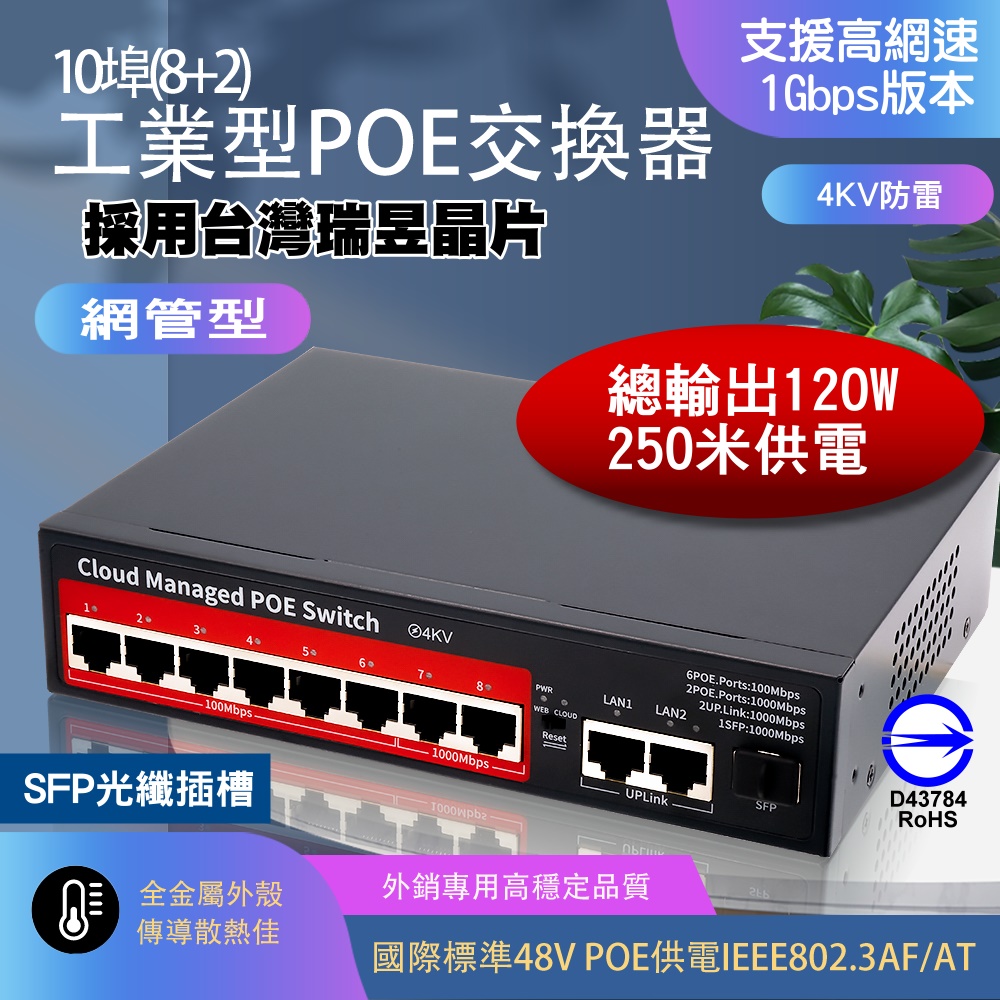 yaba 亞霸 工業型 乙太網路交換器 120W 電源集線器(AI自動識別最遠250米供電)  IPCAM 監控設備 監視器周邊