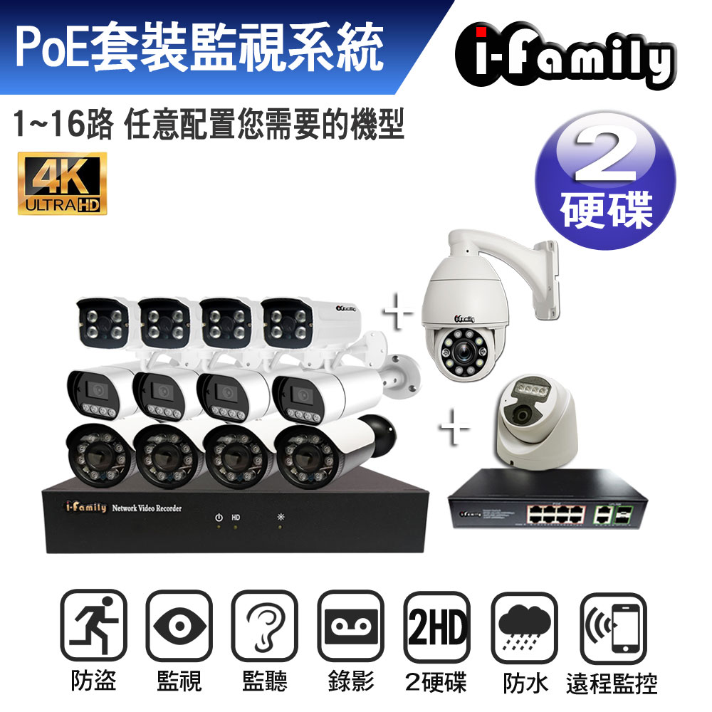 【宇晨I-Family】POE專用16路式自選4K鏡頭+網路交換器監視套裝系統