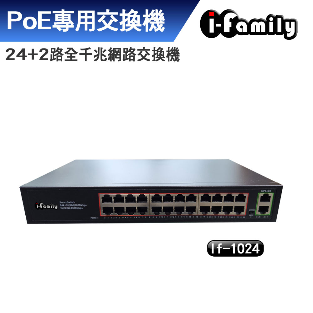 【宇晨I-Family】IF-1024 24+2埠 全千兆 PoE供電 超高速乙太網路供電交換器