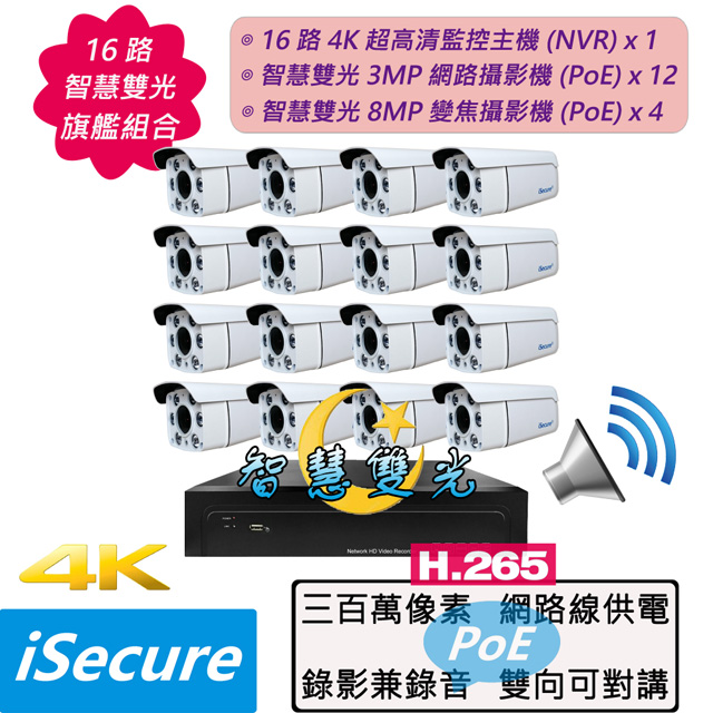 16路智慧雙光旗艦組合:一部16路4K網路型監控主機+12部3MP子彈型攝影機+四部8MP四倍變焦攝影機