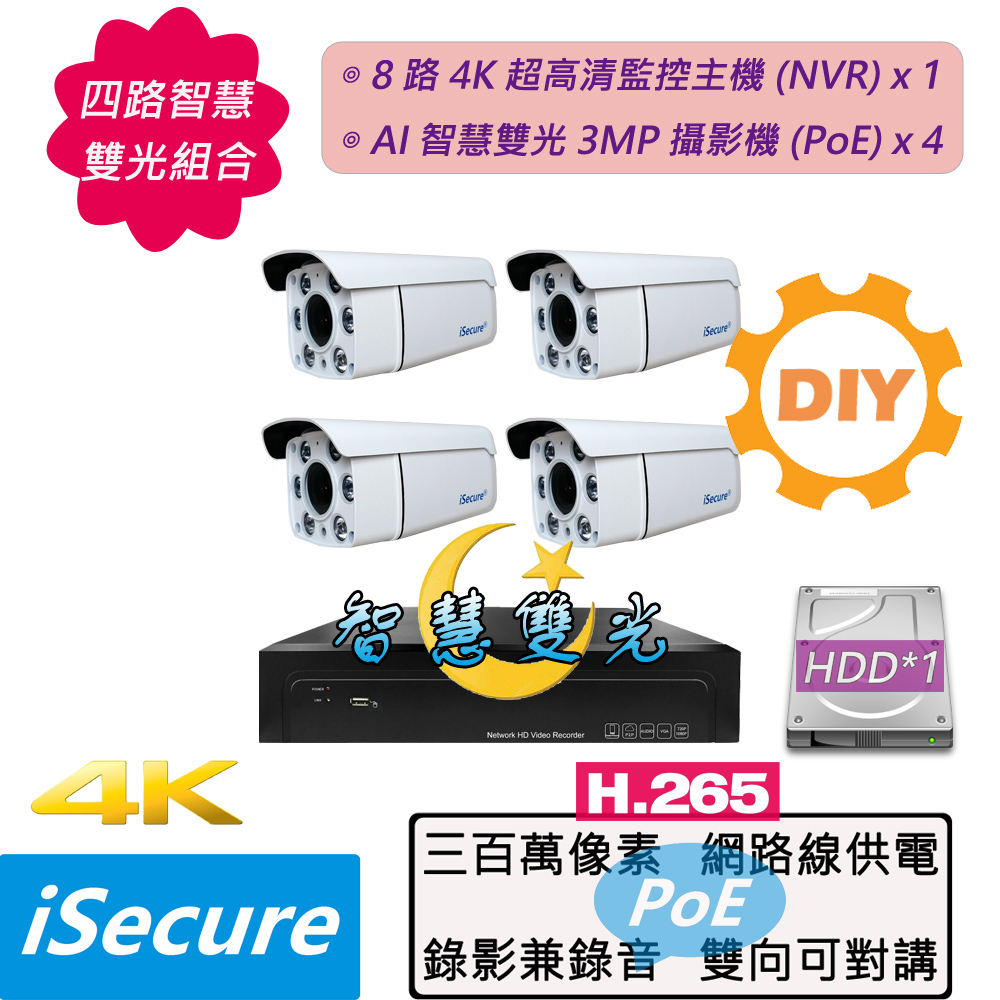 四路 DIY 監視器組合:一部八路 4K 網路型監控主機 (NVR)+四部智慧雙光 3MP 子彈型攝影機 (PoE)